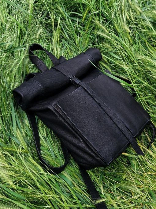 black roll-top leather backpack
